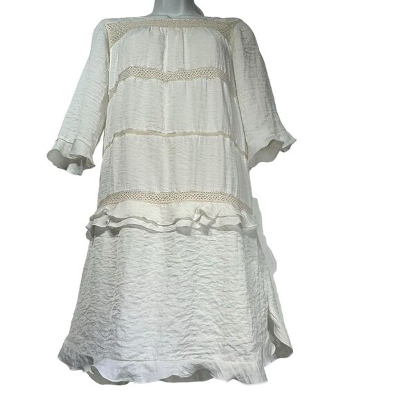 WHO WHAT WEAR Dresses & Skirts - Who What Wear White Ivory Ruffle Tiered Crochet 3/4 Sleeve Short Dress Size S